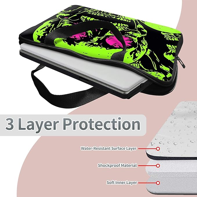 Universal Tablet Laptop Sleeve Case 10 inch, Neon Green Skull Slim Carrying Case Travel Laptop Bag Durable Handbag for 7 to 10-inch Laptops/Notebook/Kids Tablet/ipad/eBook Readers