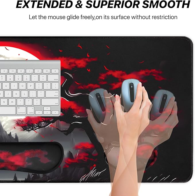 3-in-1 Large Gaming Mouse Pad Set, Anime Mouse Pad & Keyboard Wrist Rest, Memory Foam Ergonomic, Mountain Moon Scenery XL Desk Mat Set Suitable for Home Office,31.5 X 11.8 Inch