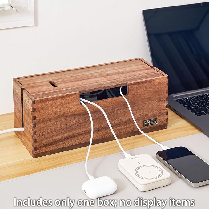Cable Management Box, Acacia Wood Cord Hider Organizer for Power Strips, TV, Desk & Floor Wires, Under Desk Cable Storage Box for Office & Home - Image 4