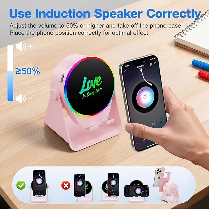 TARKARI Wireless Induction Speaker, 5 in 1 Bluetooth Speaker with 360 Rotation Cell Phone Stand and Colorful Ambient Light, Compatible with iPhone iPad Android Tablet, Birthday Gifts for Women Men
