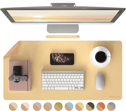 RENMTURE Desk Pad, Cork & PU Leather Desk Mat, Large Mouse pad, Non-Slip Desk Protector and Blotter, Waterproof Writing Pad, Desk Accessories and Organizers for Home Office (Light Yellow, 32"x16")