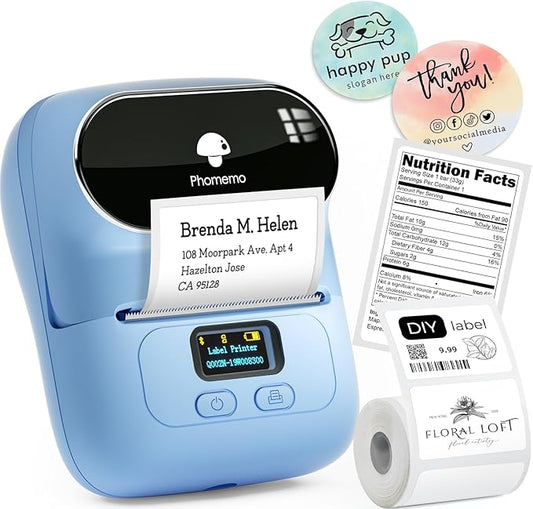 Phomemo Label Printer - M110 Barcode Printer, Upgraded Bluetooth Portable Thermal Label Maker for Product, Address, Small Business, Office, Home for Phone/Tablet/PC/Mac, with 100pcs Labels, Lake Blue