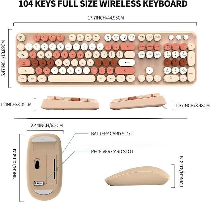 FOPETT Keyboard and Mouse Sets Wireless,Reliable 2.4 GHz Connectivity for PC,Laptop,Smart TV and More (Milk Tea Color)