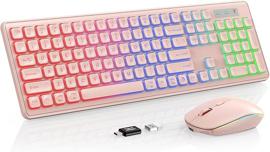 Wireless Keyboard and Mouse Combo, RGB Backlit, Rechargeable & Light Up Letters, Full-Size, Soft Typing, Sleep Mode, 2.4GHz Quiet Keyboard Set for Mac, Windows, Laptop, PC, Trueque (Pink)