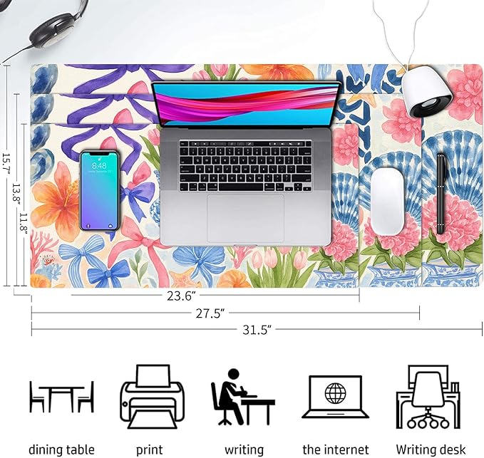 Large Mouse Pad, Floral Bow Desk Mat for Desktop, Women Girls Flowers PU Leather Waterproof Desk Pad, Computer PC Laptop Protector Gaming Mouse Pads for School Office Home 27.5" x 13.8"