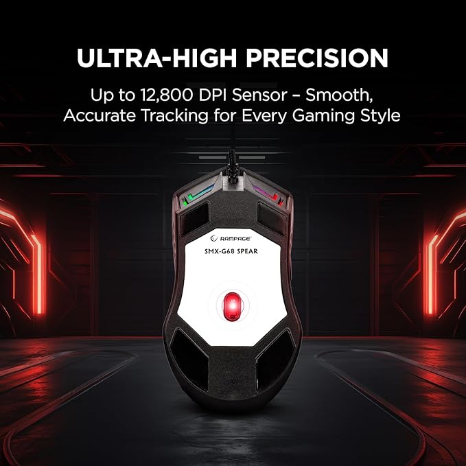 Rampage Spear V2 Black Wired Gaming Mouse with RGB Lighting ?€? 12800 DPI, 7 Programmable Buttons, Lightweight Ergonomic Gaming Mouse for PC/Mac/Laptop Gamers