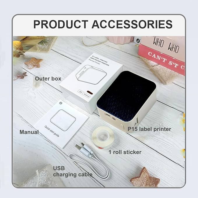 P15 Portable Bluetooth Label Maker Machine Versatile App with 1000+ Templates, Inkless Printer for Home, Kitchen, School, Office Organization, with 1 Waterproof Label, White