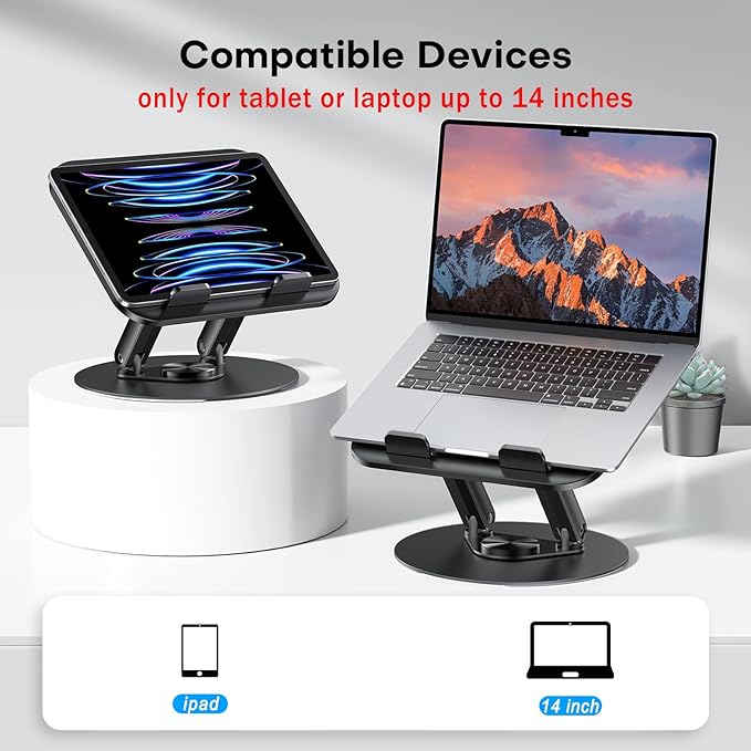 OMOTON Laptop Stand for Desk with 360° Rotating Base, Ergonomic Laptop Riser for Collaborative Work, Easy Storage, Fit MacBook/Laptops up to 14 inches, Black
