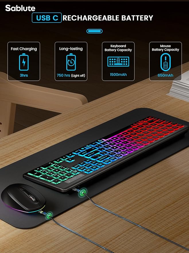 SABLUTE Wireless Keyboard and Mouse Backlit, Quiet Light Up Keys, Tilt Legs, Sleep Mode - Rechargeable USB Cordless Combo for Computer, iMac, PC, Laptop (Black)