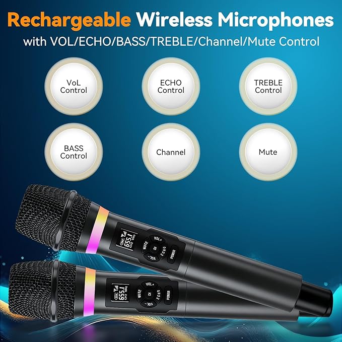 Wireless Microphone, Dual Handheld 2.4G Dynamic Mic with Rechargeable Receiver，Professional Karaoke Microphone, Dual Vocal Pickup with mute echo,treble,bass control , for Singing, Speech, PA System