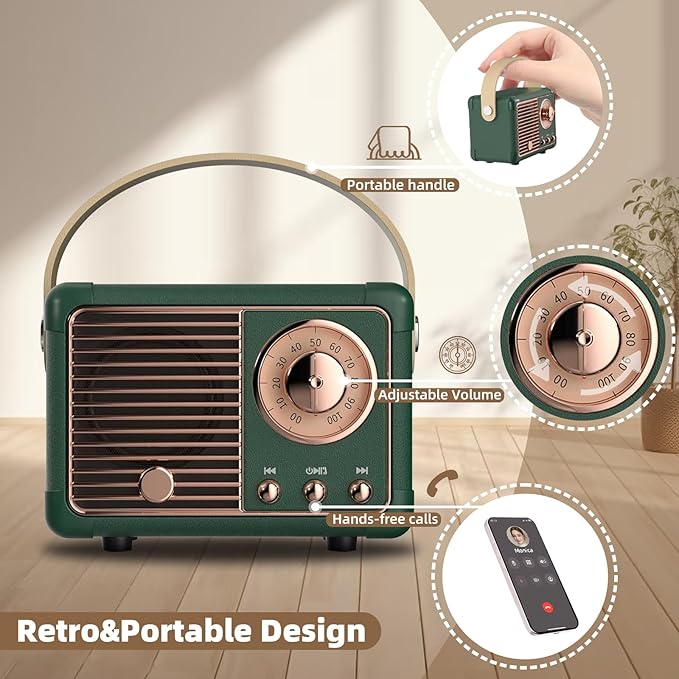 Vintage Retro Bluetooth Speaker Old Vintage Decor Birthday Gifts for Men Old School Mini Portable Wireless Speaker for Office,Room,Desk Accessories,Indoor,Outdoor Retro Gifts for Teen,Friends (Green)