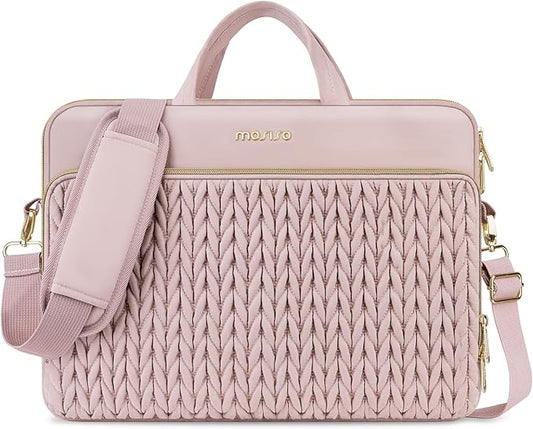 MOSISO 15.6 inch Laptop Shoulder Bag for Women, 15-16 inch Computer Bags Compatible with MacBook Pro 16 inch/Air 15 inch,HP Dell Lenovo ASUS, Wheat Ear Quilted Laptop Bag with Handle&Pocket, Pink