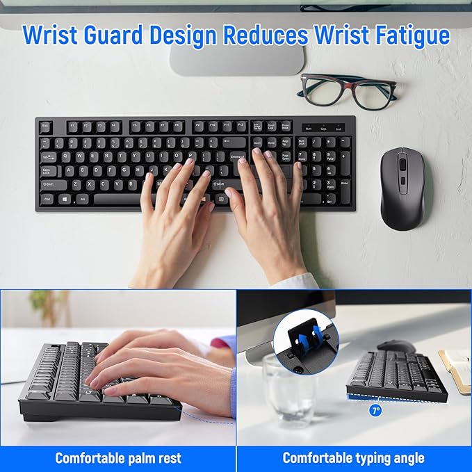 Wireless Keyboard and Mouse Combo-Full Size QWERTY Layout 2.4G Stereo Keycap Ergonomically Designed for Laptop,PC,Notebook,Windows,Computer,with USB-A&Typ-C 2-in-1 Receiver