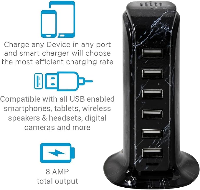 Aduro 40W 6-Port USB Desktop Charging Station Hub Wall Charger for iPhone iPad Tablets Smartphones with Smart Flow (Black Marble)