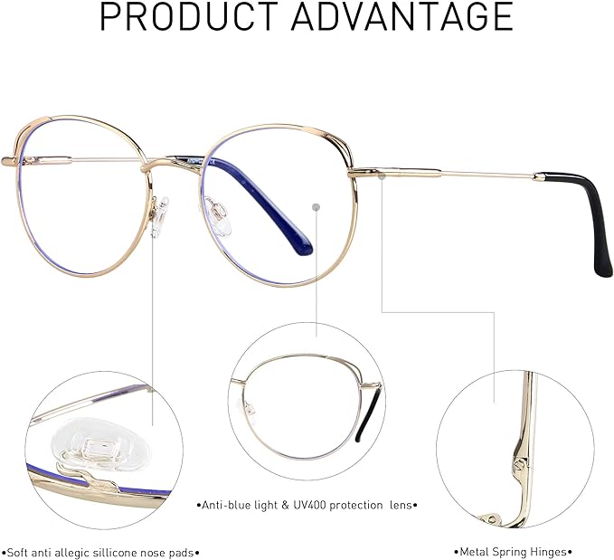 ANDWOOD Blue Light Blocking Glasses Women Cat Eye Computer Eyeglasses Metal Frame Hipster 2 Pack