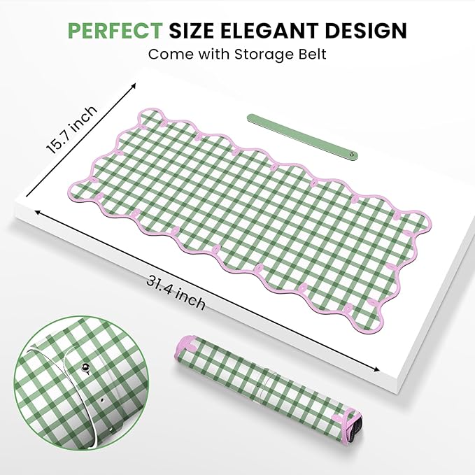 Leather Desk Pad, Desk Mat Mouse Pad, Non-Slip Mousepad Waterproof PU Table Blotter for Computer Laptop Extra Large Keyboard Mat for Women Girl Office Home Dorm, Pink Scalloped +Dark Green Checkered