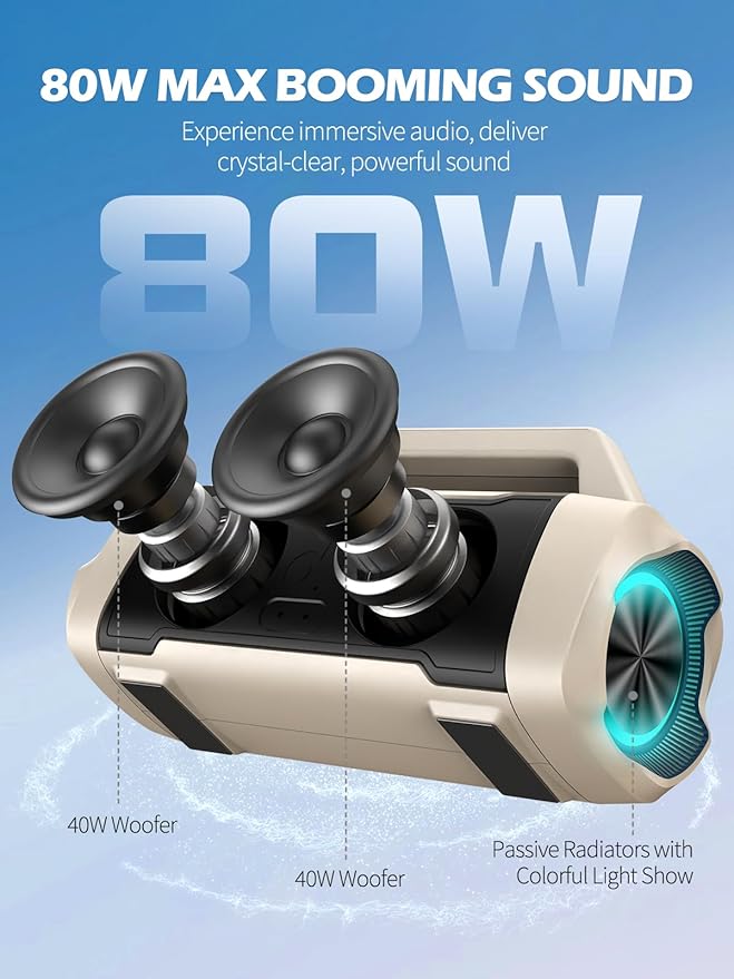 Speakers Bluetooth Wireless, 80W Peak Loud Outdoor Speaker with Bass, 20H Playtime, IPX6 Waterproof, TWS, BT5.3, Portable for Camping Hiking Boating Pool Beach, Desert Yellow