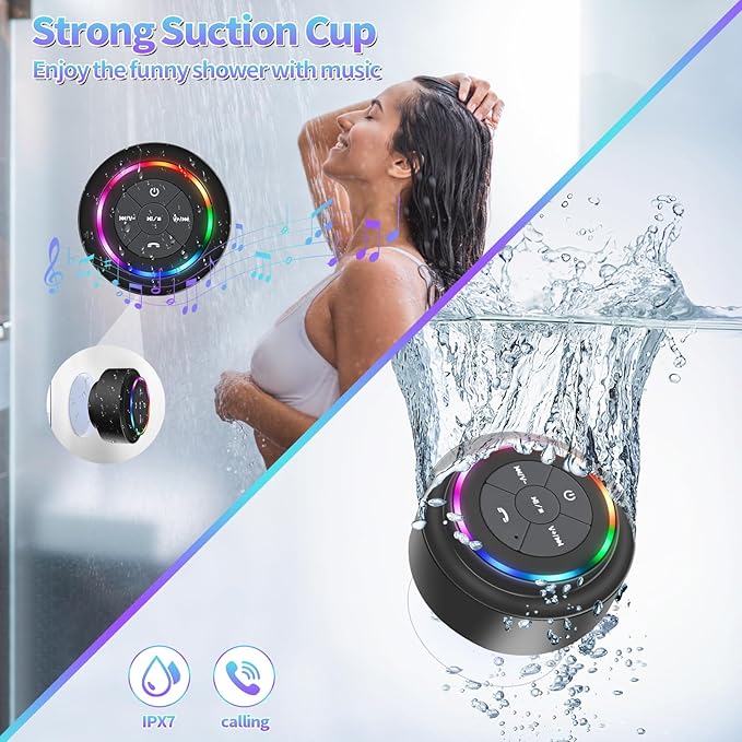 Bluetooth Shower Speaker, Portable Bluetooth Speakers with Suction Cup, IP67 Waterproof Speaker with LED Light, Wireless, Floating, for Camping Beach Travel, Gift for Men, Women