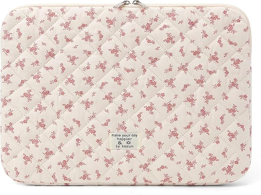 Puffy Laptop Sleeve 15-15.6 Inch Cute Quilted Laptop Protective Case Padded Floral Computer Sleeve for MacBook (A-Pink, 15 Inch)
