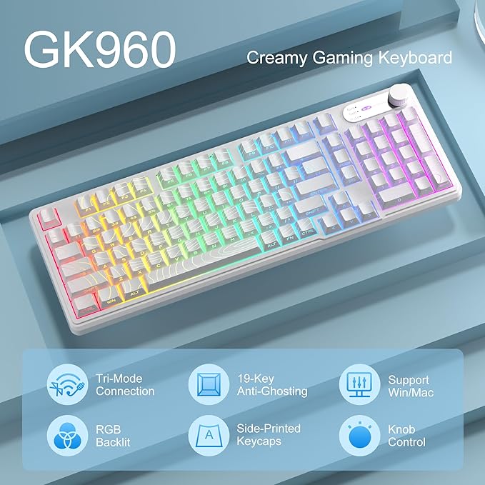 MageGee GK960 Wireless Gaming Keyboard, RGB Tri-Mode Wired/BT/2.4G Creamy Keyboard with Number Pad, 4000mAh Battery, Knob Control, Side Printed Keycaps, 19-Key Rollover for Win/Mac (White Topographic)