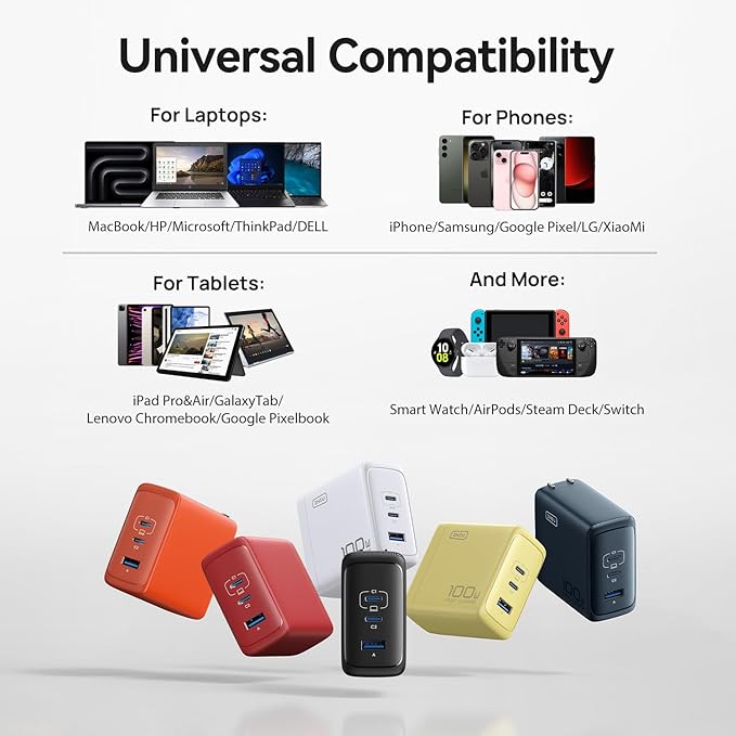 INIU iPhone 17 Charger, 3-Port 100W [USB-C + USB-A] Fast Charger, Compact Foldable USBC Cargador for iPhone 17 16, MacBook Air, IPad, Samsung S25, Switch, Students, Kid, Backpacking, Hiking etc