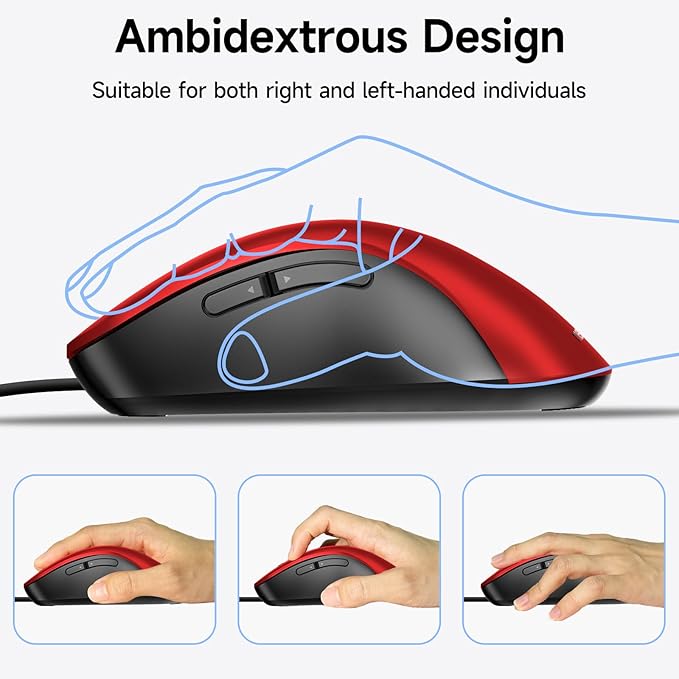 memzuoix Wired Mouse, USB Computer Mouse 1400 DPI Mobile Optical Mouse Ergonomic Design Computer Mice with 5FT Cord for Laptop, PC, Desktop, MacBook, 5 Buttons (Pomegranate Red)