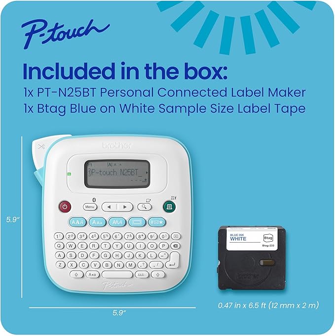 Brother P-Touch PT-N25BT Personal Connected Label Maker, Bluetooth, Design&Print2 app, Portable, Handheld and Prints with P-Touch Btag½â€ (12mm) Wide Color Label Tapes