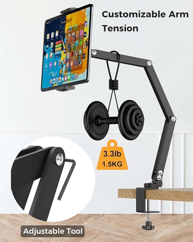 Foldable Flexible Tablet Stand Holder for Desk, 360° Adjustable iPad Arm Mount, Portable Monitor 15.6 Stand, Premium Phone Holder Compatible with iPad 13/12.9/11 Mini/10/9th, Samsung, Kindle