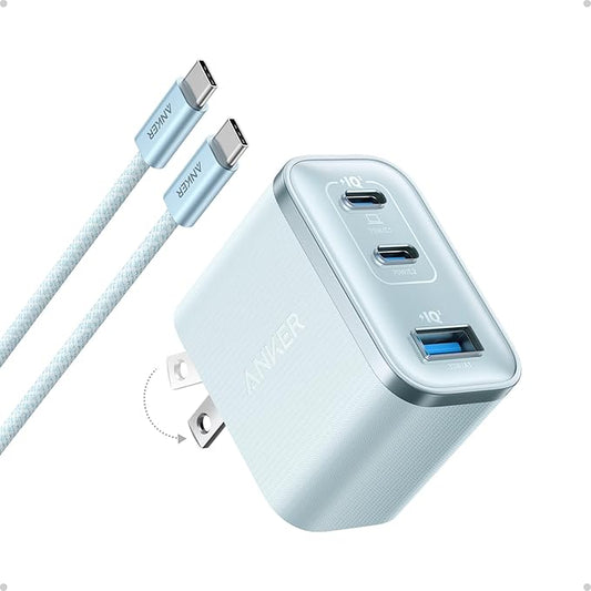 Anker Nano Charger, Ultra-Fast 70W Output 3-Port USB C Charger Block, Fast Charging, Compact and Stylish, for iPhone 17/16 Series, MacBook, iPad, Pixel, Galaxy, and More(Blue, Cable Included)