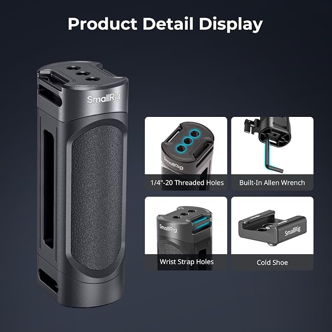 SMALLRIG Mini Camera Side Handle with NATO and 1/4"-20 Screws Installation Options, for Left and Right Hand, with 1/4"-20 Threaded Holes, Wrist Strap Holes, Cold Shoe, Up and Down Adjustable - Image 3