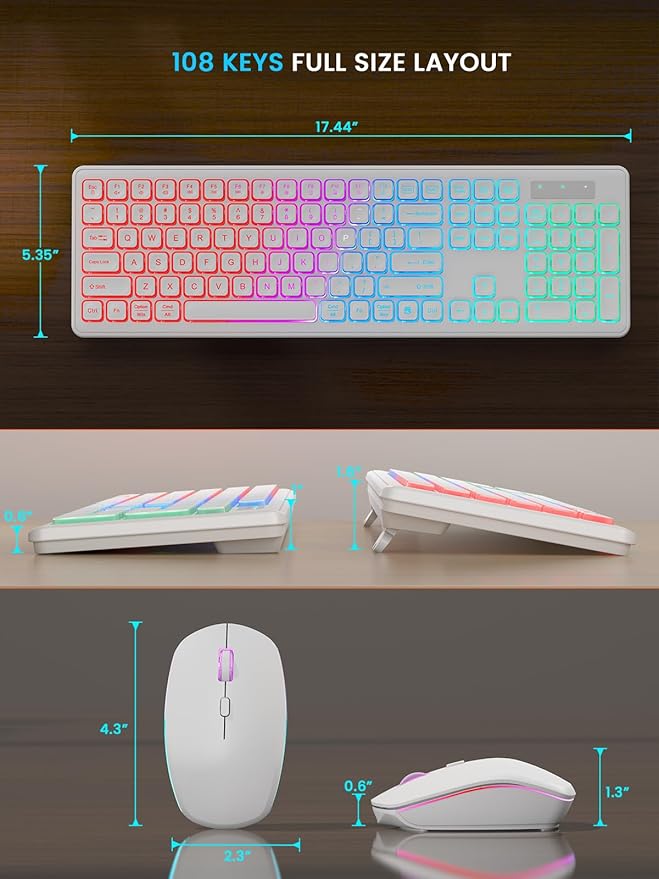 SABLUTE Wireless Keyboard and Mouse Backlit, Quiet Light Up Keys, Tilt Legs, Sleep Mode - Rechargeable USB Cordless Combo for Computer, iMac, PC, Laptop (White)