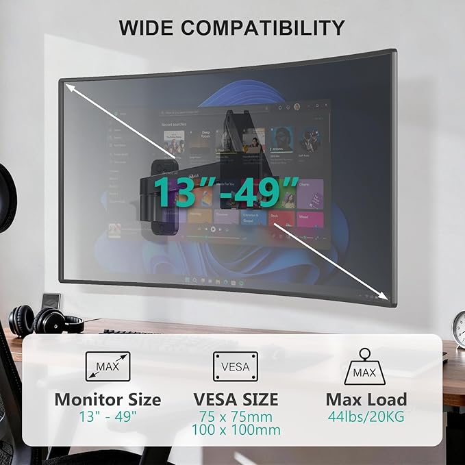 WALI Monitor Wall Mount for 13-49 Inch Ultrawide Screens, Heavy Duty Single Monitor Mount Holds up to 44 lbs, Adjustable Wall Mount Monitor Arm, 75/100mm VESA Mount (GSWM001-P), Black