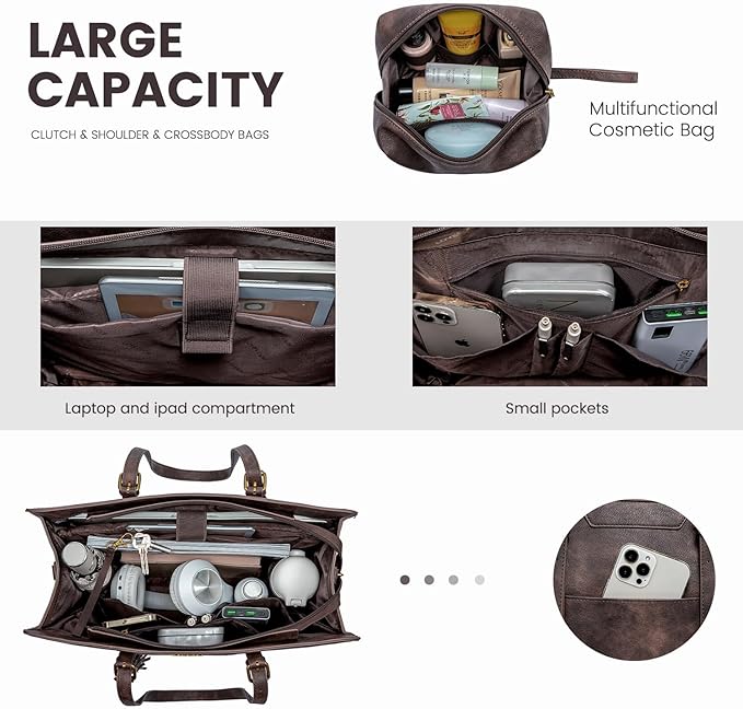LOVEVOOK Laptop Bag for Women Vintage Leather Laptop Tote 15.6 inch Large Capacity Computer bag with Clutch Purse for Work