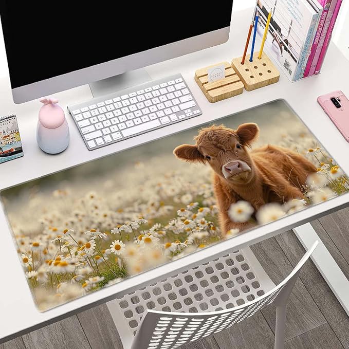 Gaming Mouse Pad Large,Cute Highland Cow on Daisy Mouse Pad Gaming Mouse Mat Desk Pad,31.5 x 11.8 Desk Mat Mouse Pads for Desk,Extended Keyboard Mousepad with Non-Slip Base and Stitched Edge