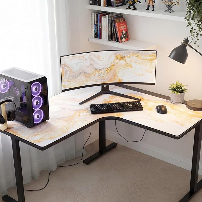 L Shaped Desk Mat for Corner, Large Extended Mouse Pad with Non-Slip Rubber Base, Gold Waterproof Desk Protector for Office & Gaming Setup