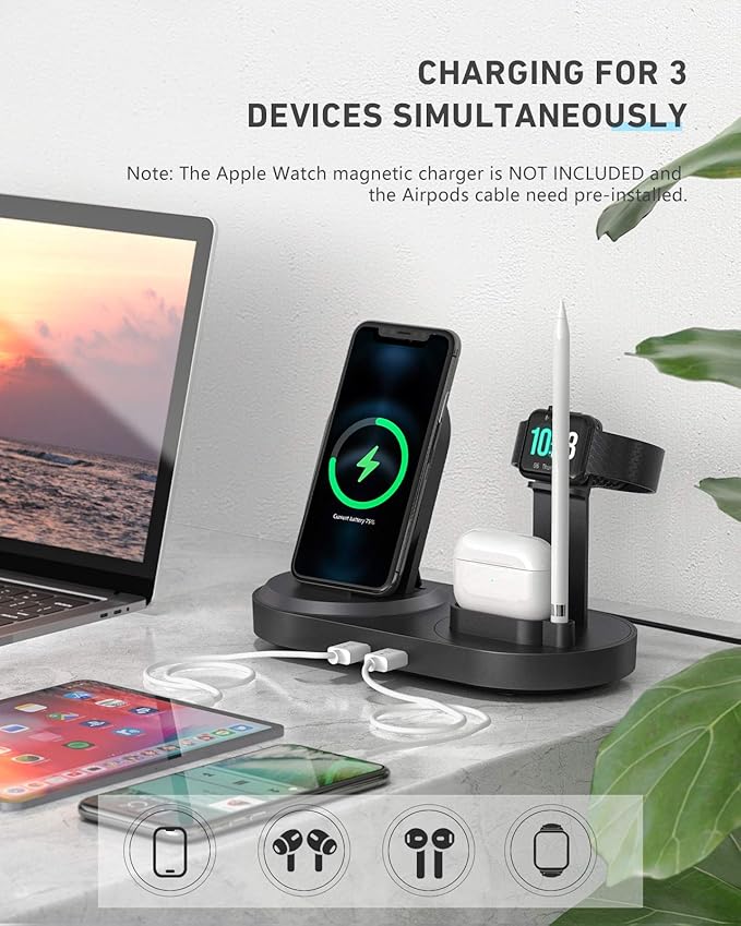 4 in 1 Wireless Charging Station, Fast Charging Dock Stand with 2 USB Ports for Apple Watch, AirPods, Cell Phones, Wireless Charger Compatible with iPhone 12/13/14/15/16 (Gary)