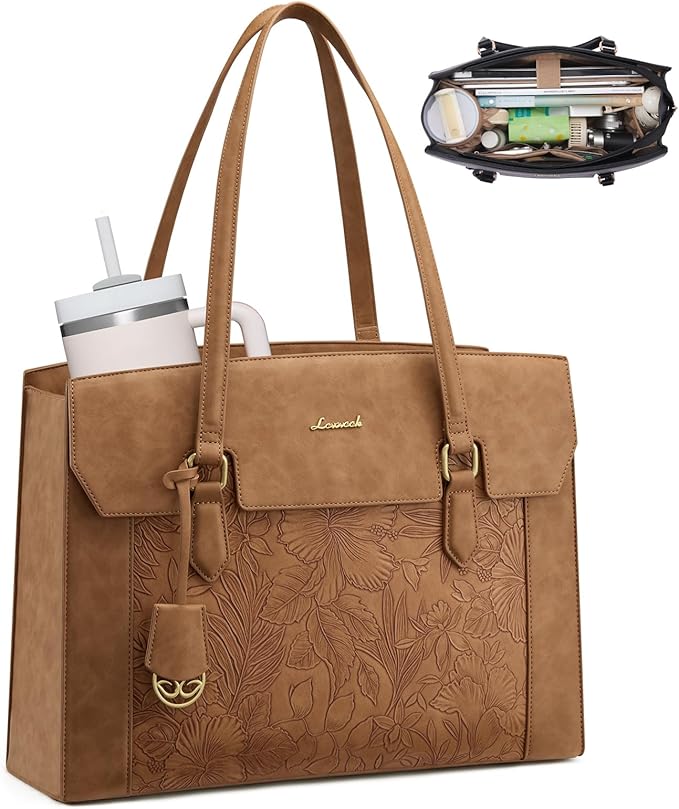 LOVEVOOK Laptop Tote Bag for Women,Computer Work Bag With Large Cup Holder,15.6 Inch Waterproof PU Leather Purse Briefcase for Teacher