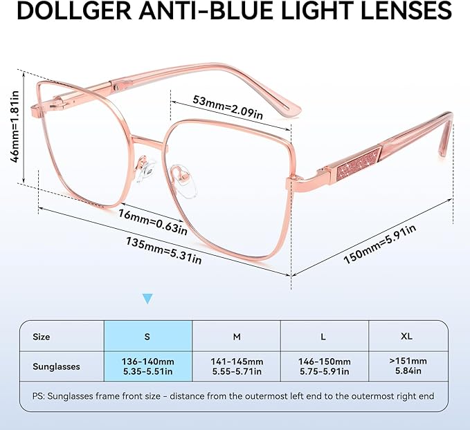 Dollger Pink Oversized Square Blue Light Blocking Glasses for Women Trendy Oversized Computer Gaming Eyeglasses Cat Eye Metal Frame bluelight glasses Rose Gold