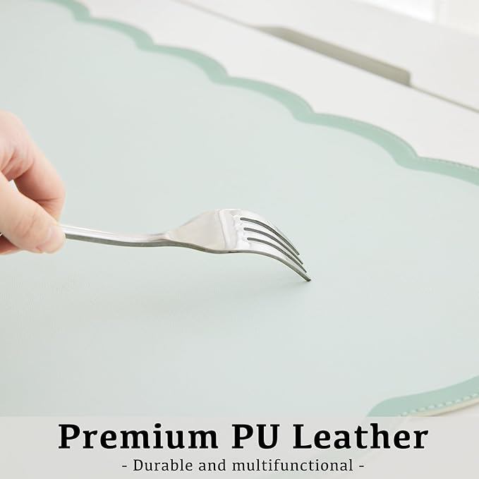 Scalloped Desk Mat, 31.5" x 15.7" Large Cute Sage Green Aesthetic Desk Accessories, PU Leather Computer Laptop Desk Mat Mouse Keyboard Pad, Desk Writing Makeup Mat for Vanity/Work/Home Decor