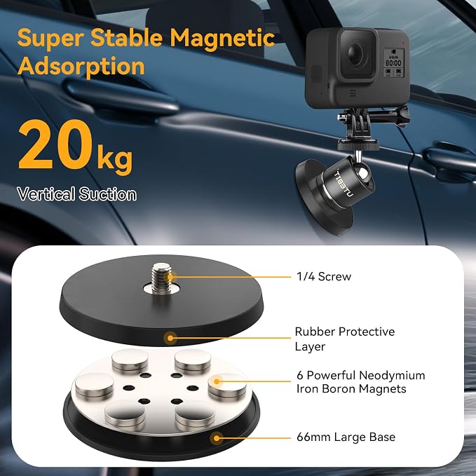 UTEBIT 66mm Strong Magnetic Base Mount for Action Camera, Magnet Camera Mount with 360?? Rotation Ball Head & Phone Holder Mount, Compatible with Gopro Hero, DJI Osmo Action Osmo Nano, Insta360, Black - Image 2