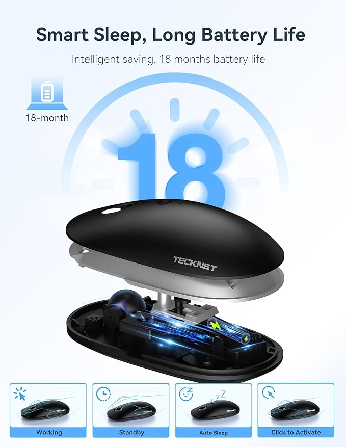 TECKNET Computer Mouse, 2.4Ghz Silent USB-A Wireless Mouse, 4800 DPI Ambidextrous Quiet Click for Travel, Slim Portable Wireless Mice Compatible with PC Laptop MacBook (Black & Grey)