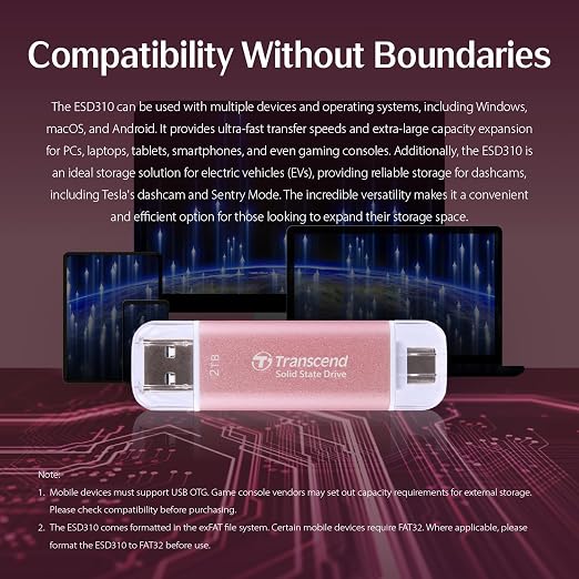 Transcend ESD310 1TB External SSD, Up to 1,050MB/s, Dual USB Drive for iPhone17,16,15, iPad&Mac/Pixel10/Tesla/Steam Deck/ROG Ally/MSI Claw/Android/PS5, 2-in-1 Type C &A, USB3.2Gen2 Portable SSD-Pink - Image 11