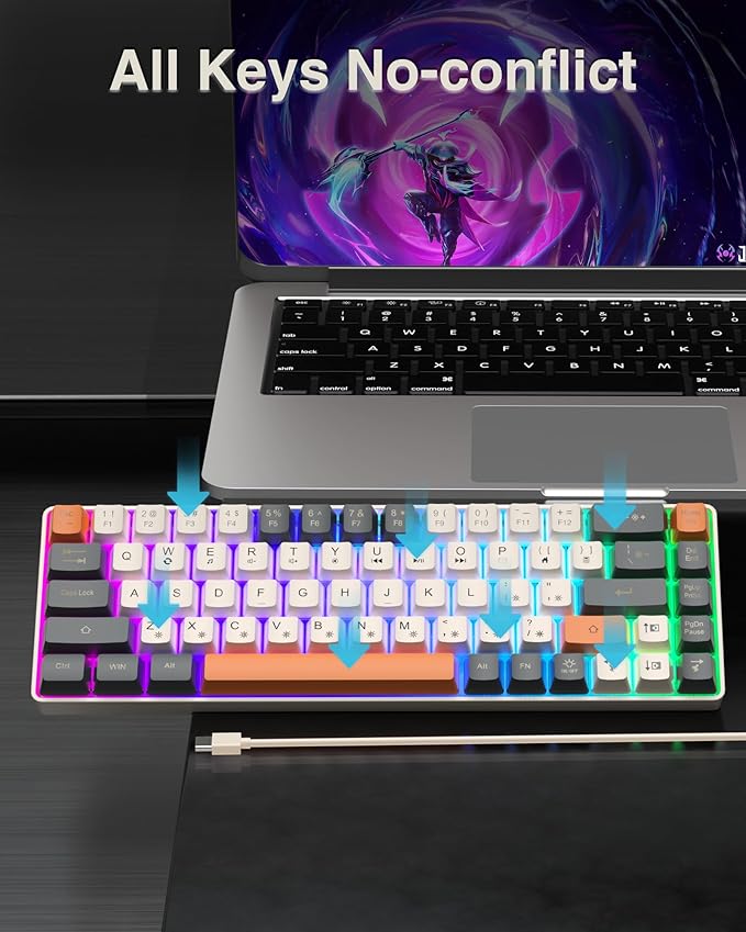 60 Percent Keyboard,RGB Backlit Gaming Keyboard USB-C Wired,Portable 68 Keys Compact Mini Keyboards for Business Trips,Office,PC Games (SK968,Grey&Orange)