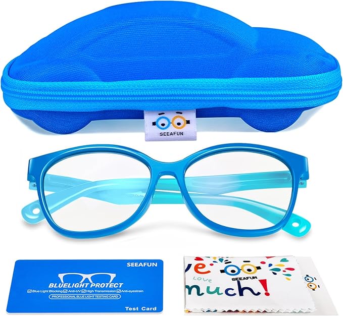 Blue Light Glasses for Kids Girls Boys with Cute Car Case, UV400 Protection, Anti Blue Ray Age3-12