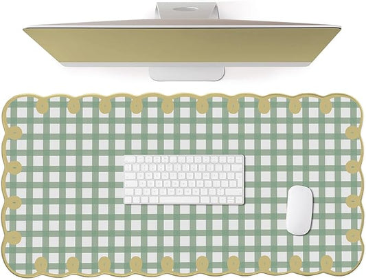 Cute Green Scalloped Desk Mat Checkered Large Mouse Pad Kawaii Vintage Farmhouse-Inspired Rustic Cottagecore Office Desk Decor Stitched Nonslip Pad for Computer Keyboard & Mouse 31 * 15.7in