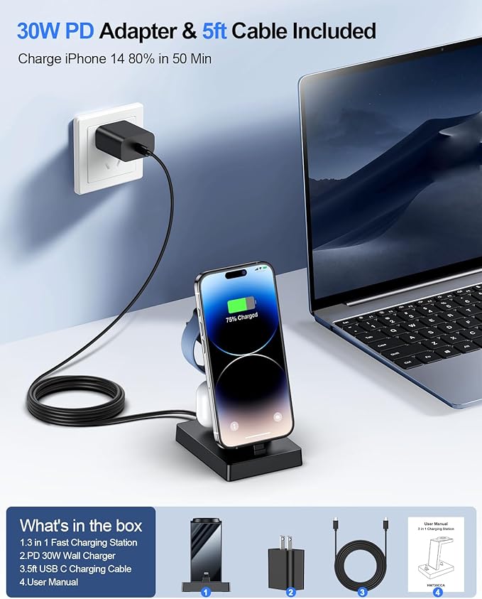 30W Charging Station for Multiple Devices - ADADPU 3 in 1 Charger Stand for iPhone 14/13/12/11/XR/XS/X/8/7(Not for iPhone 15/16/17 USB C), Charging Dock for AirPods Apple Watch Series 8/7/6/5/4/3/2/SE