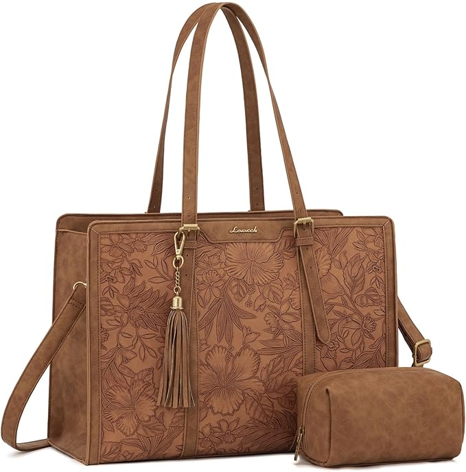 LOVEVOOK Laptop Bag for Women Vintage Leather Work Tote 15.6 inch Large Capacity Computer bag with Clutch Purse for Office, Travel, Casual