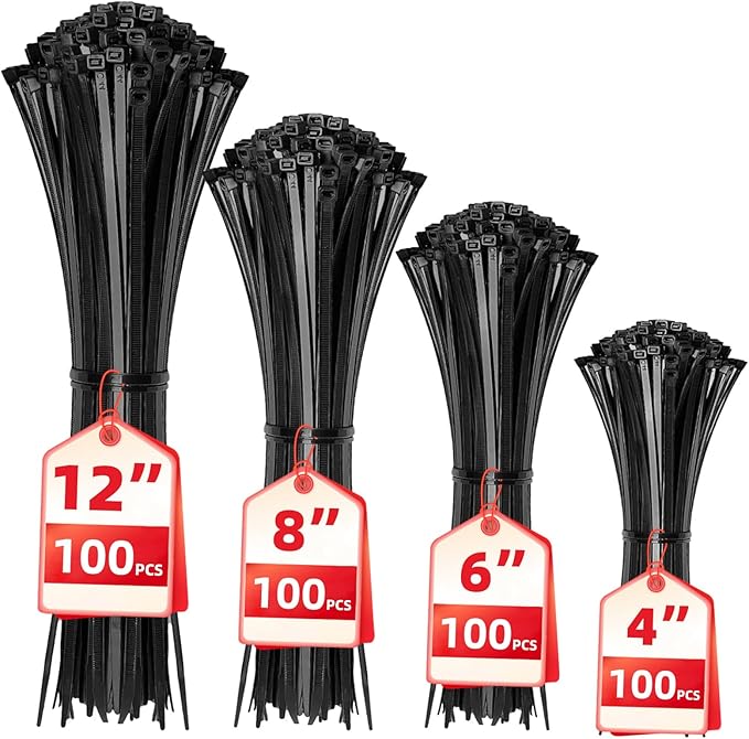 Cable Zip Ties,400 Pack Black Assorted Sizes 12+8+6+4 Inch,Multi-Purpose Self-Locking Nylon Cable Cord Management,Plastic Wire Ties for Home,Office,Garden,Workshop. By HAVE ME TD by HAVEMETD