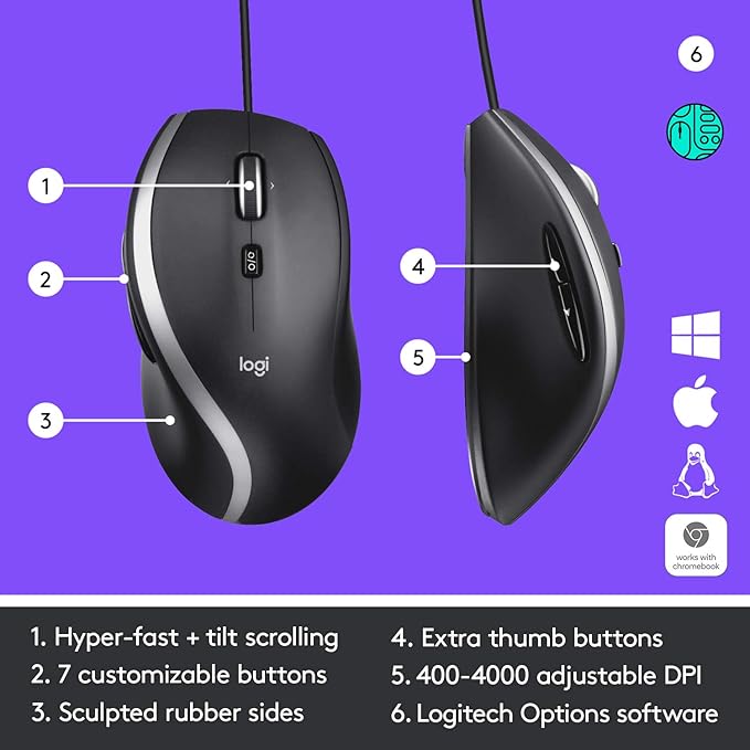 Logitech M500s Advanced Corded Mouse with Advanced Hyper-Fast Scrolling & Tilt, Customizable Buttons, High Precision Tracking with DPI Switch, USB Plug & Play