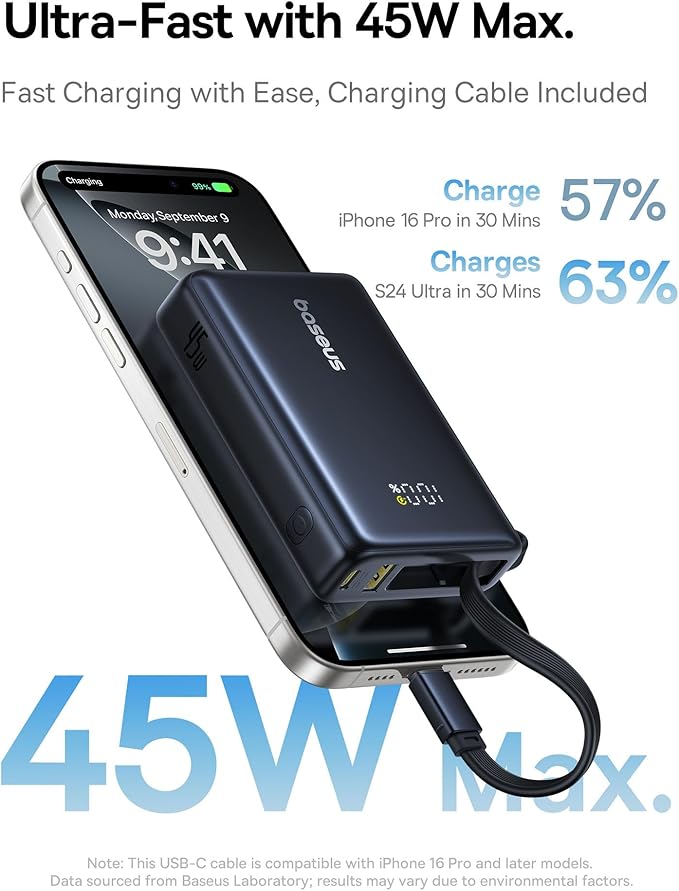 Baseus Power Bank, Picogo 10000mAh 45W 3-Output Portable Charger with Built-in USB-C Cable, PPS/PD QC Fast Charging External Battery Pack for iPhone 17/16/15/14/13, Samsung S25/S24, MacBook Pro, iPad